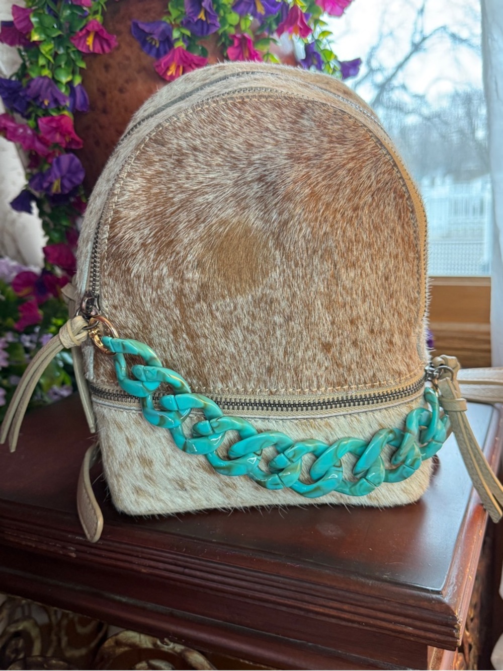Trinity Ranch Haircalf Mini Backpack with Turquoise Chain Accent